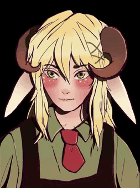 a drawing of a girl with horns wearing a green shirt and red tie