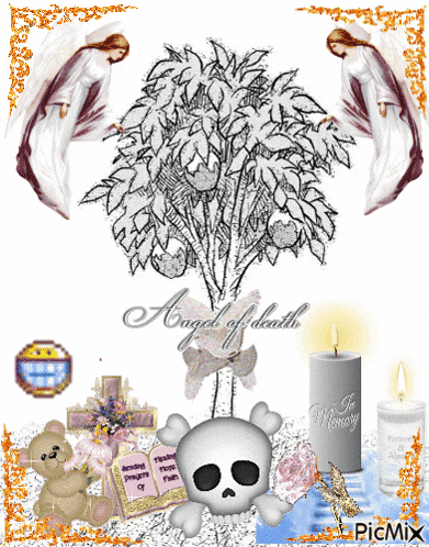 a picture of an angel of death with a skull and candles