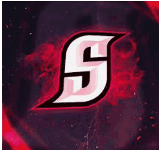 a red and white logo with a letter s on a dark background .