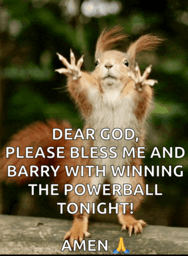 a picture of a squirrel with the words dear god please bless me and barry with winning the powerball tonight amen on it