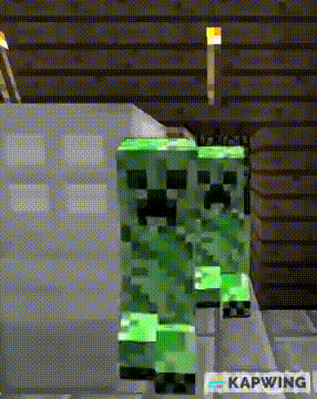 a creeper from minecraft is standing in front of a wooden wall .