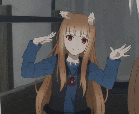 a girl with a fox ear on her head is waving her hands