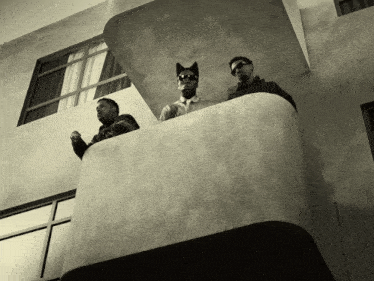 three men standing on a balcony with one wearing a cat costume