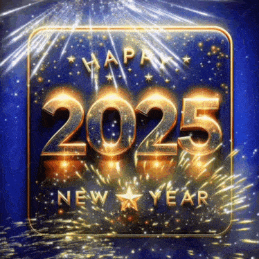 a greeting card that says happy new year 2025 with fireworks in the background