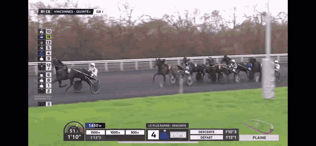 a horse race is being shown on a screen with the number 4