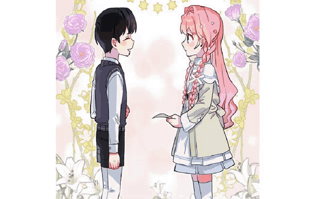 a boy and a girl are standing next to each other and looking at each other