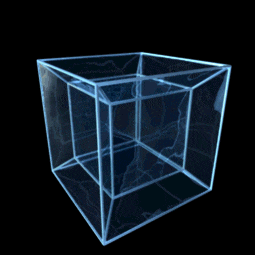 a clear cube with a black background and a blue glow