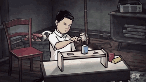 a cartoon of a young boy playing with a hammer on a table with fx written on the bottom
