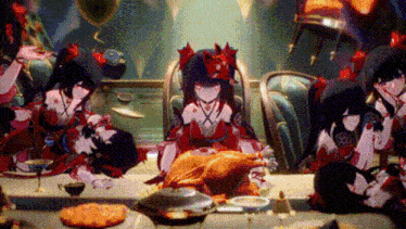 a group of anime characters are sitting at a table with a turkey .