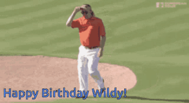 a man in an orange shirt is standing on a baseball field with the words happy birthday wildy