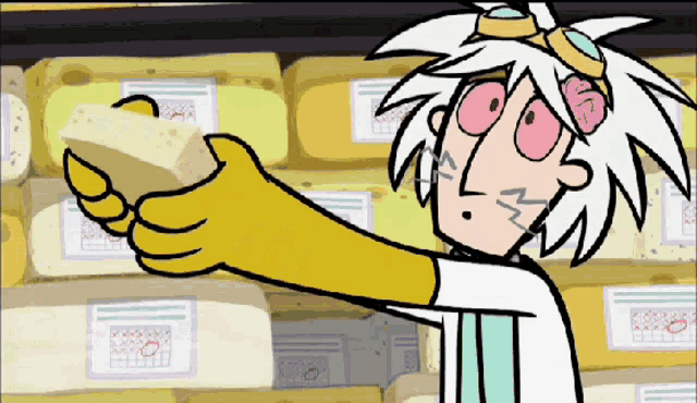 a cartoon character is holding a piece of cheese in front of a shelf of cheeses