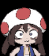 a cartoon of a girl wearing a mushroom hat and a blue vest .