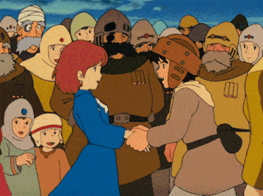 a cartoon of a girl shaking hands with a man wearing a helmet with the number 00 on it