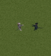a man and a dragon are standing on top of a grassy field .