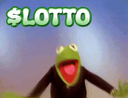 a kermit the frog is standing in front of a sign that says $ lotto