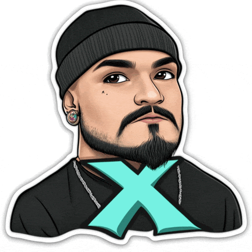 a cartoon of a man with a beard wearing a beanie and a necklace with the letter x on it