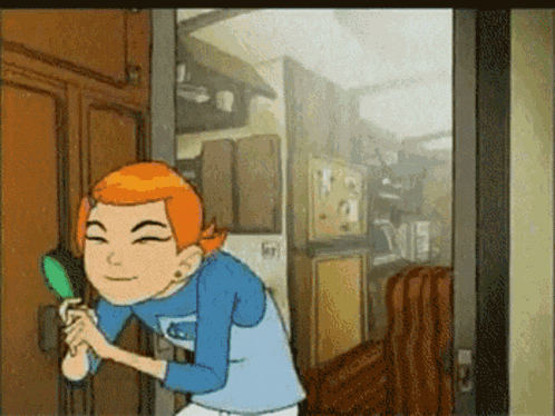 a cartoon girl is brushing her hair with a brush