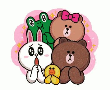 a group of cartoon characters including a frog , rabbit , bear , and duck