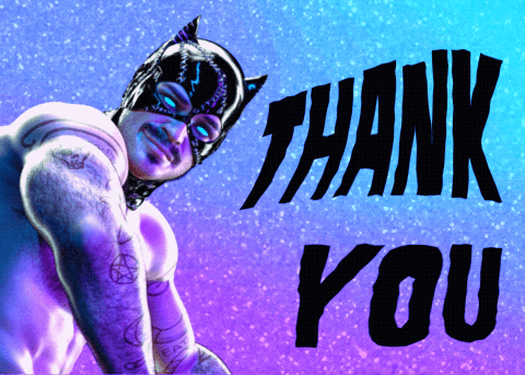 a man in a catwoman mask is standing in front of a sign that says thank you