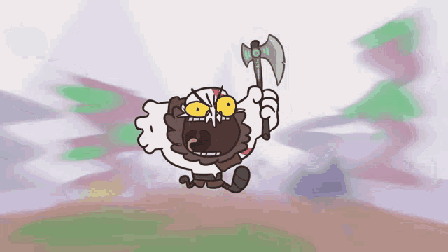 a cartoon character is holding a large axe in his hand