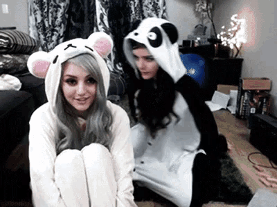 two girls wearing panda pajamas are sitting next to each other in a living room .