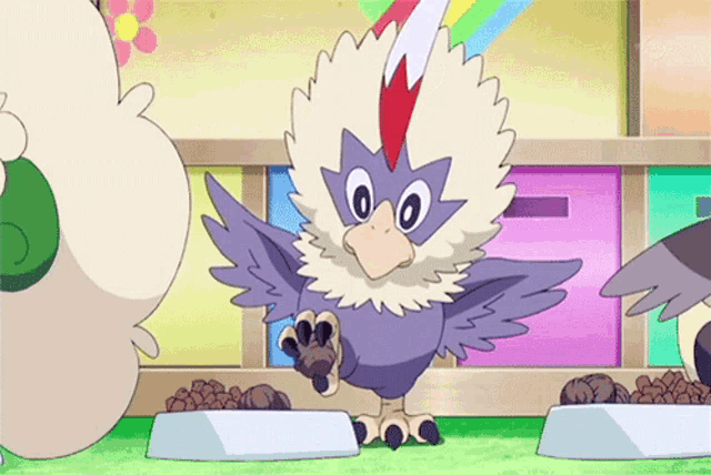 a cartoon bird is standing in front of two bowls of food