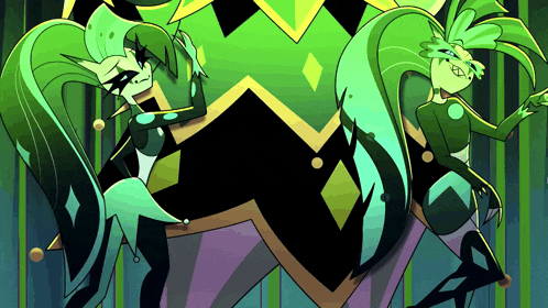 a couple of cartoon characters with long green hair