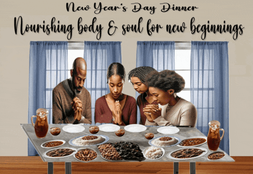 a poster for a new year 's day dinner with a family praying