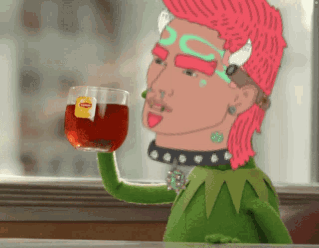 a cartoon character holds a glass of lipton tea in his hand