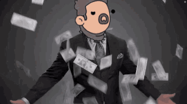a cartoon of a man in a suit and tie surrounded by money falling from the sky .