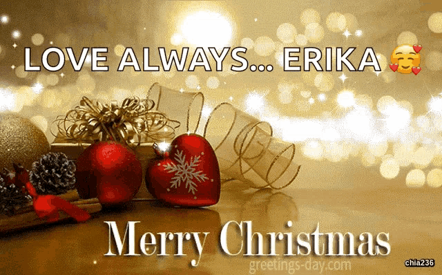 a christmas card that says love always erika merry christmas on it