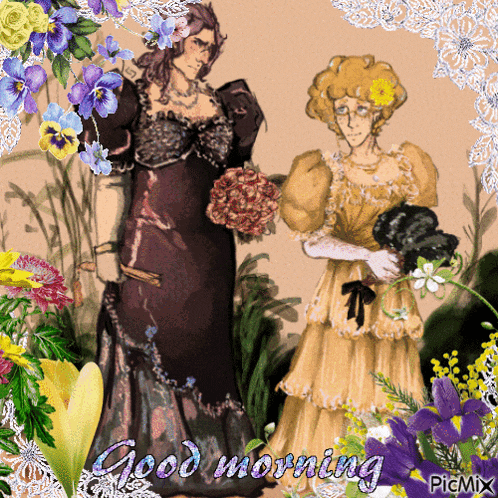 a painting of two women with flowers and the words good morning