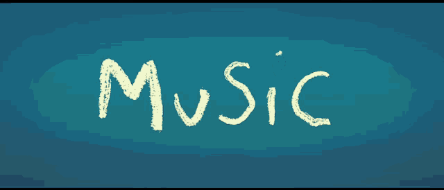 a blue background with the word music written in white chalk