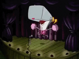 a group of cartoon characters singing on a stage with a purple curtain behind them