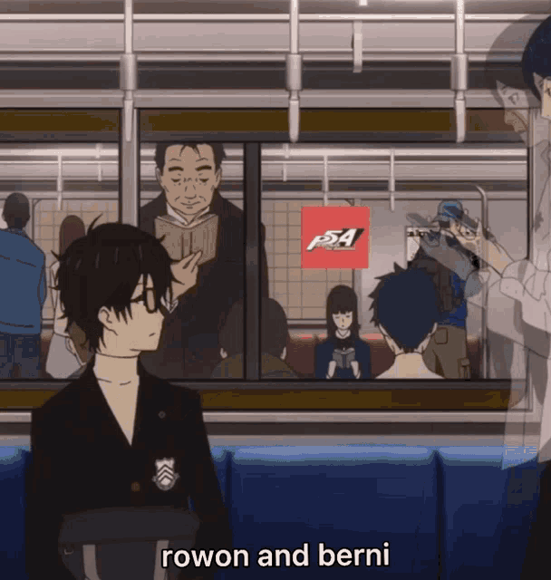 a row of people on a train with the words rowon and berni on the bottom right