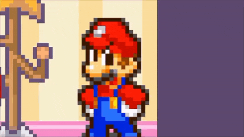 a pixel art of mario standing in front of a purple wall