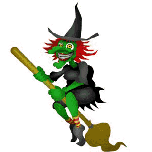 a cartoon witch is flying on a broom with a bat .