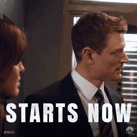 a man in a suit and tie is standing next to a woman with the words " starts now " written below him