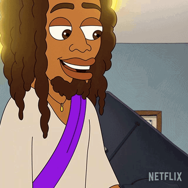 a cartoon of a man with dreadlocks and a purple sash with the word netflix on the bottom right