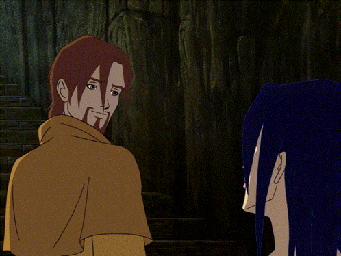 a cartoon of a man with a beard and a woman with long blue hair