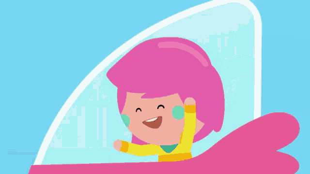 a girl with pink hair is smiling while sitting in a pink car