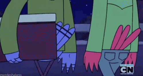 two cartoon characters are standing next to each other with cn on the bottom right