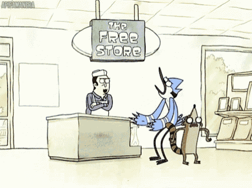 a cartoon of regular show characters standing in front of the free store