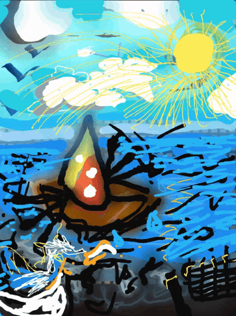 a drawing of a boat in the ocean with birds flying in the background