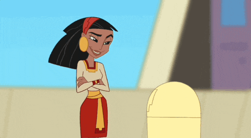 a cartoon of a woman standing next to a yellow box