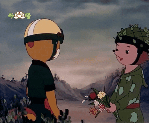 a cartoon of a boy holding a bouquet of flowers next to another boy