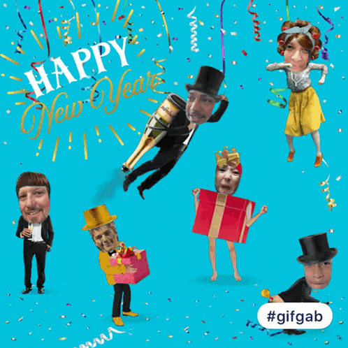 a new year 's greeting card with people 's faces and the words happy new year