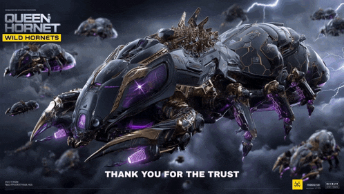 a poster for queen hornet wild hornets shows a purple and gold robot