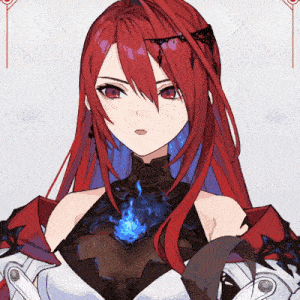 a girl with long red hair has a blue flame around her chest