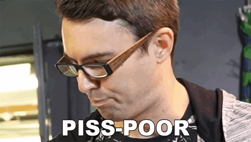 a man wearing glasses is making a funny face with the words piss-poor written below him